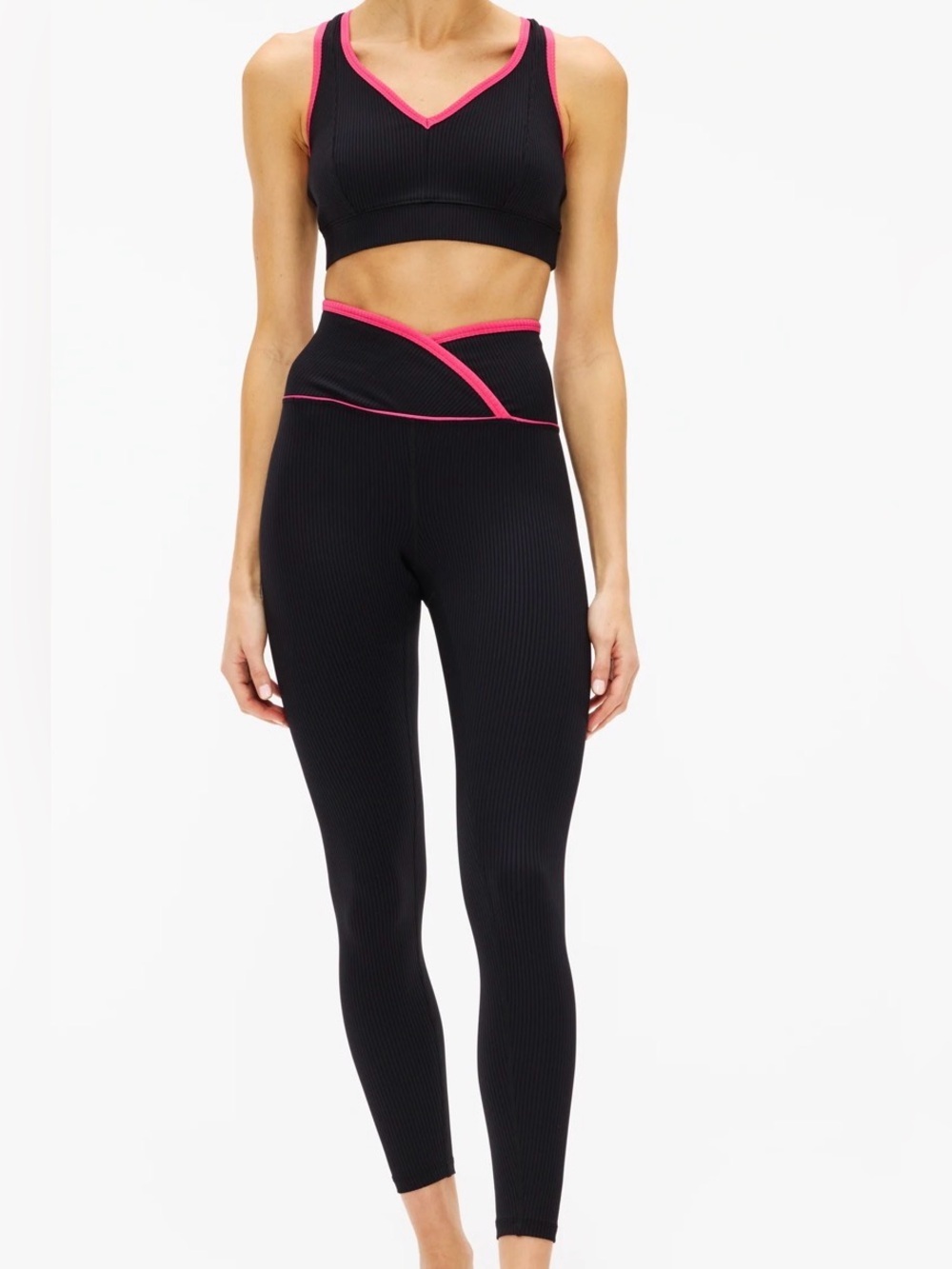 LIKE NEW- YEAR OF OURS BLACK RIBBED LEGGING SET W/HOT PINK PIPING- SIZE XS